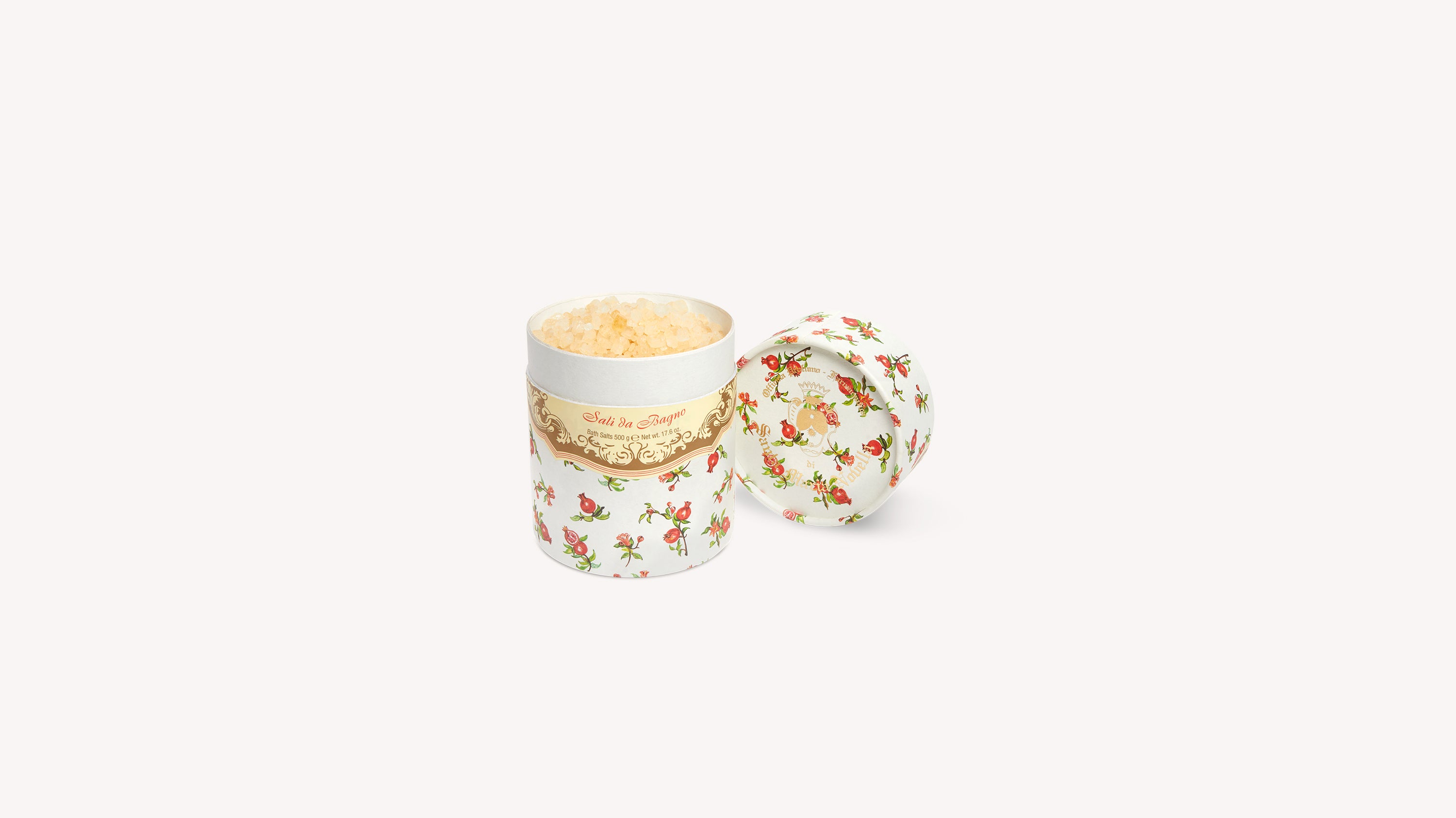 Decorative container of pink bath salts